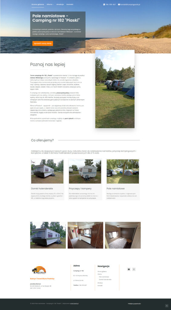 Grafika przedstawia realizację strony dla kempingu w nadmorskiej miejscowości Piaski. 
