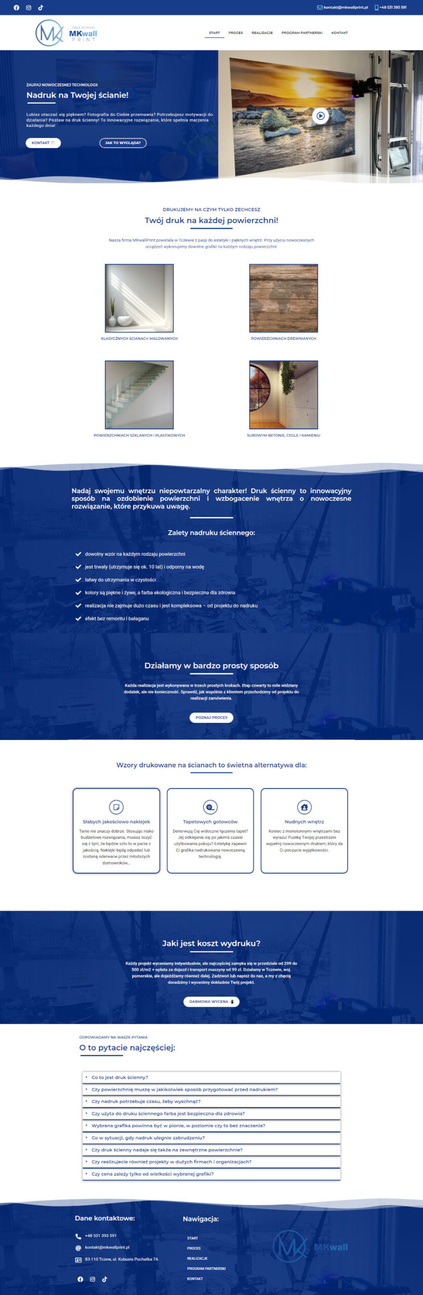 Grafika przedstawia realizację strony dla firmy z Tczewa zajmującej się drukiem ściennym. Adres strony to mkwallprint.pl